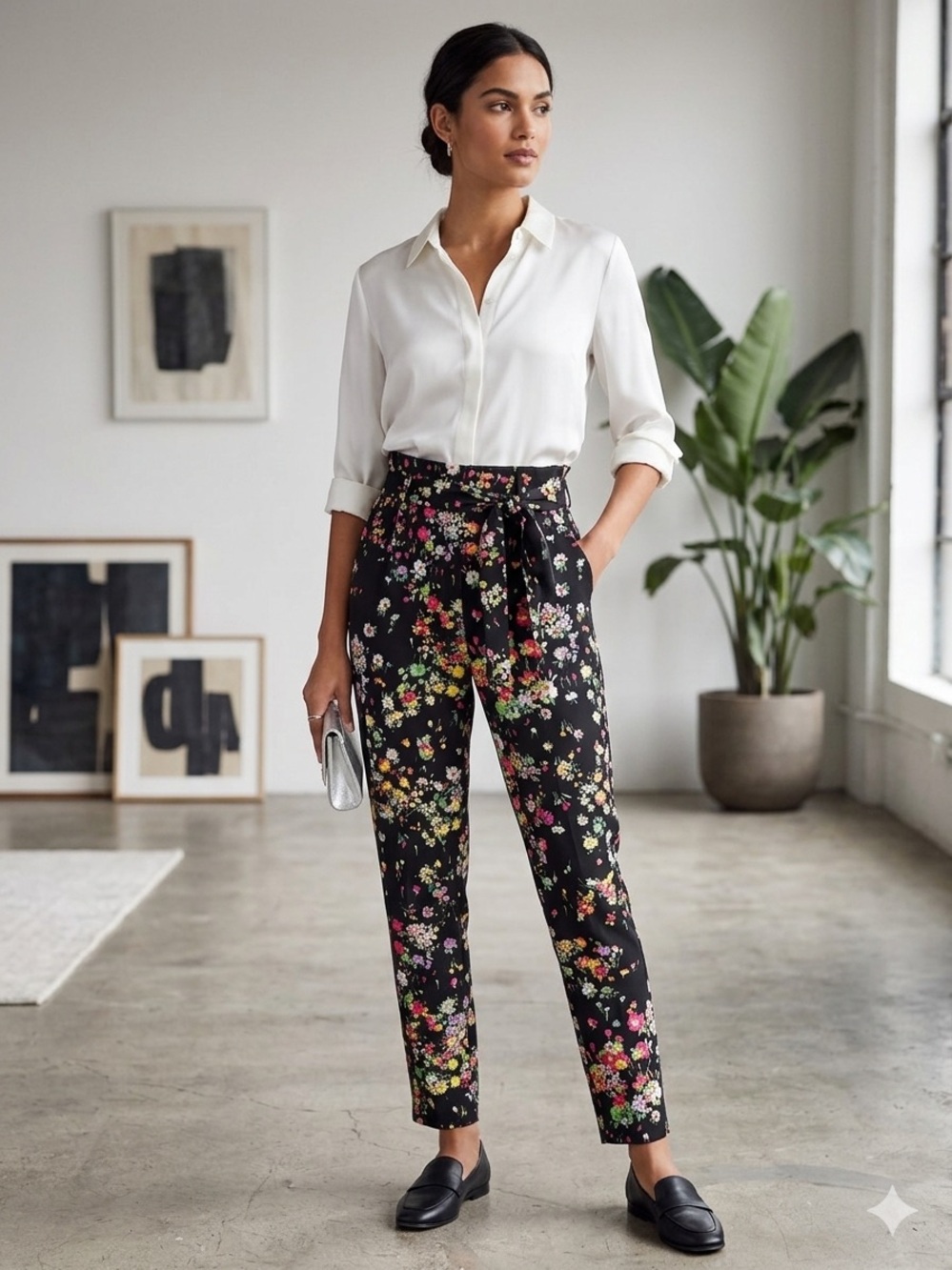 Jules & Leopold Black Floral Paperback waist Cropped Pants